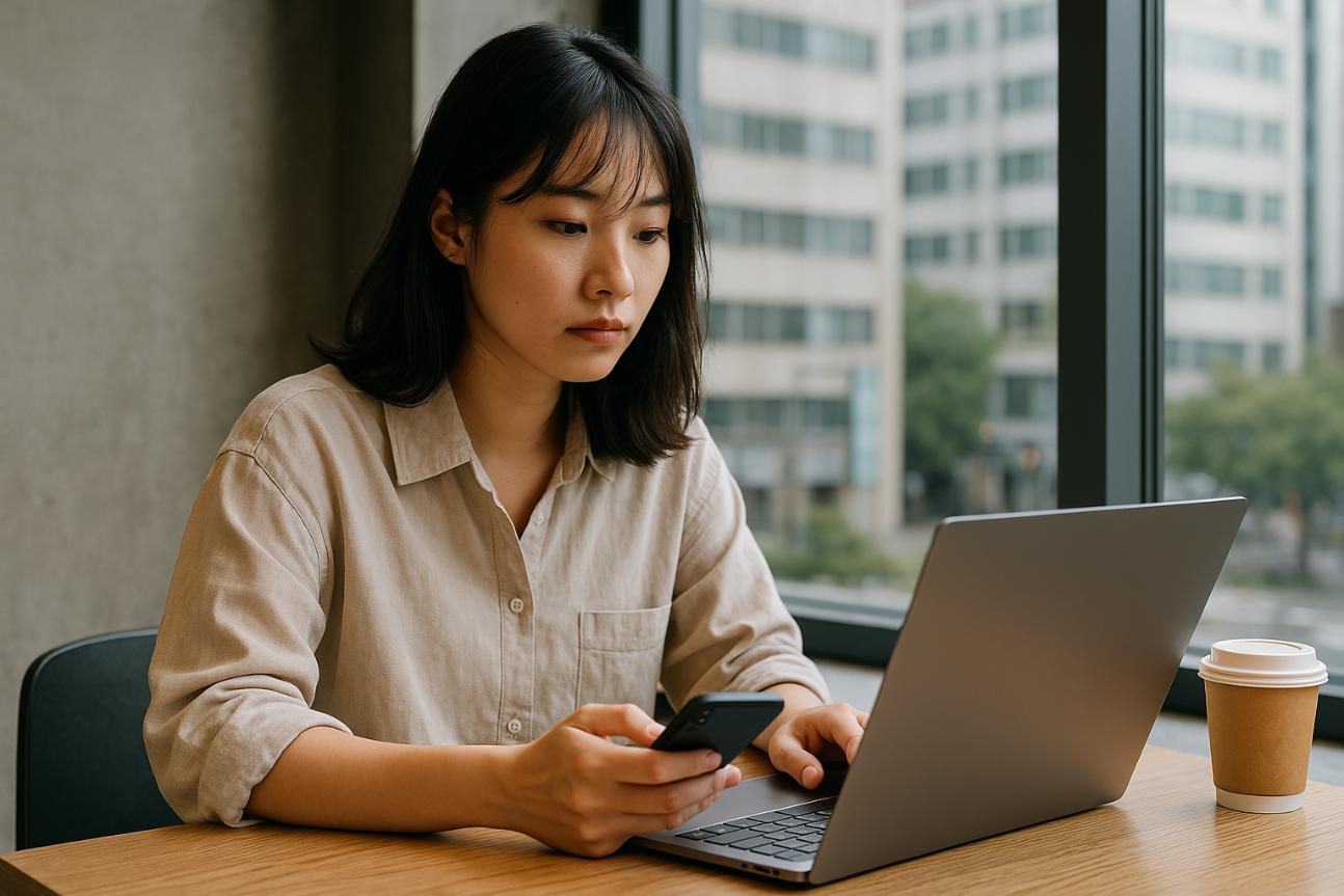 A freelancer working on a laptop near a window, holding a smartphone.